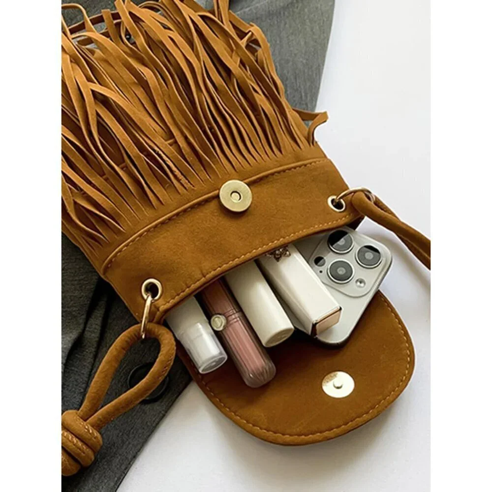 Women's Fringe Suede Crossbody Bag Woven Tassel Boho Clutch Purse